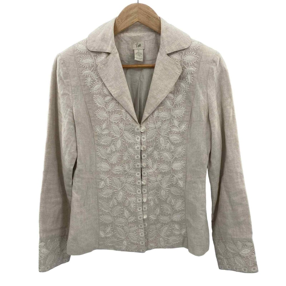 J. Jill Blazer Jacket Womens 4 Tan Linen Button Front Embroidered Lined